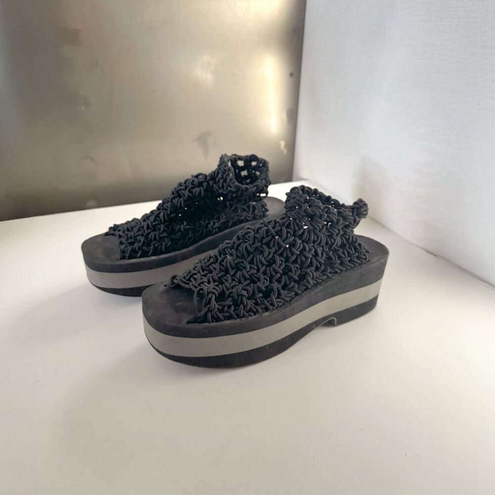 Arielle de Pinto/LVMM Black Designer Crocheted Platform Sandals